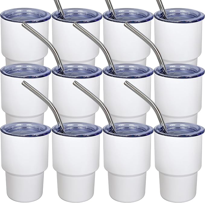 UIRZOTN 3oz Mini Tumbler Shot Glass with Straw and Lid, 12 Pack Stainless Steel Sublimation Shot Glasses for Wedding Party Whiskey Cocktail Bar with Straw and Lid (White)