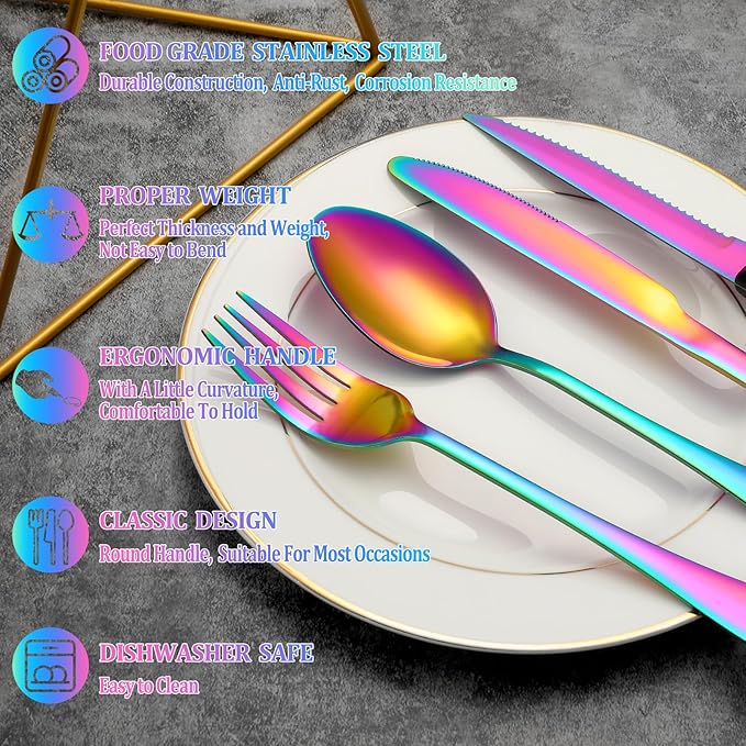 24 Pcs Rainbow Silverware Set with Steak Knives Service for 4,Stainless Steel Flatware Set,Mirror Polished Cutlery Utensil Set, Kitchen Eating Tableware,Include Fork Knife Spoon Set,Dishwasher Safe