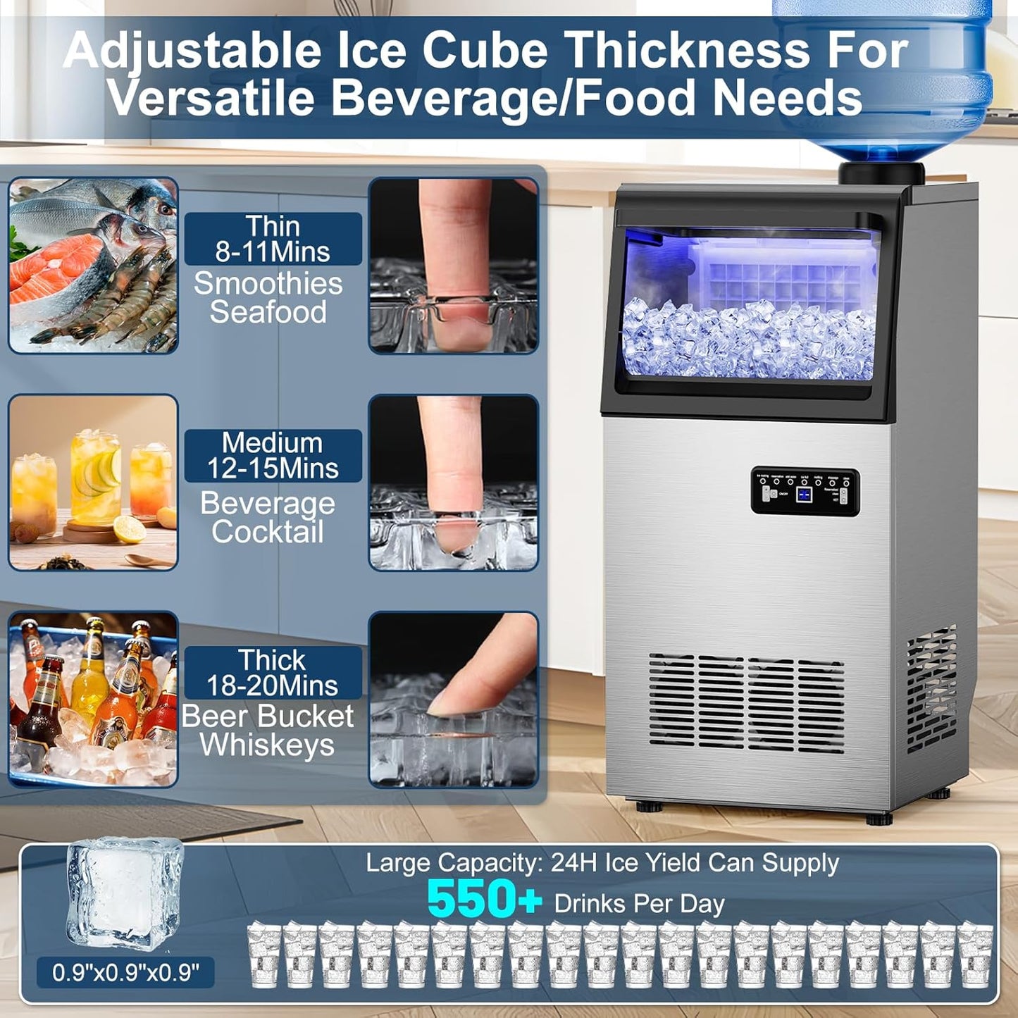Commercial Ice Maker Machine 130Lbs/24H with 2 Water Inlet Modes, 36Pcs Ice Cubes in 8-15 Mins, Stainless Steel Under Counter/Freestanding Ice Machine with 25Lbs Storage Bin for Home/Shop/Office/Bar