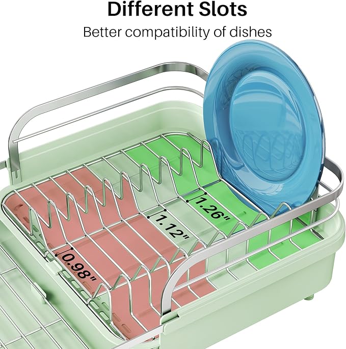 SNTD Dish Drying Rack, Expandable Dish Rack for Kitchen Counter, Stainless Steel Dish Drainer with Drainboard Set and Utensil Holder (Green)