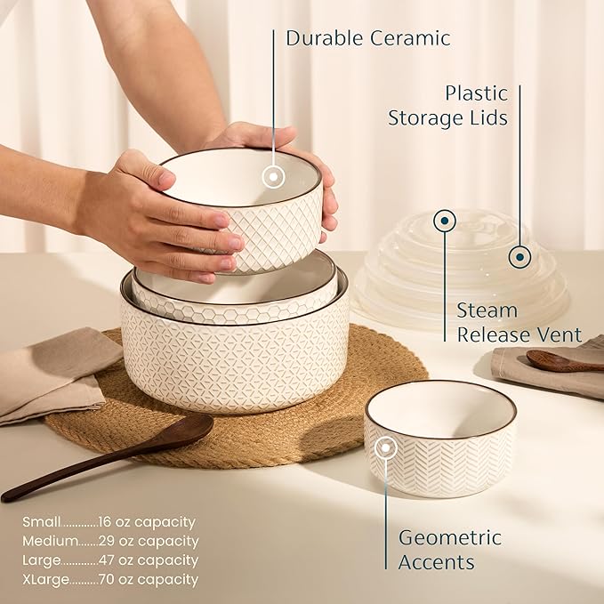 KooK Serving Bowls, with Lids, Ceramic Nesting Bowls, Set of 4, Embossed, Kitchen, Prep, Stackable, Gift, Microwave and Dishwasher Safe, 16/29/47/70 oz, Narbonne Collection (Ivory)