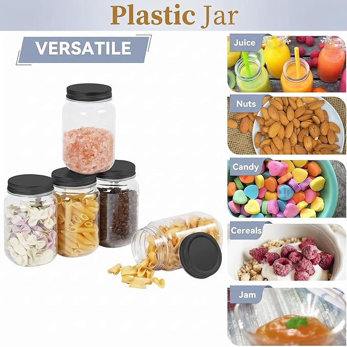 novelinks 16 oz Clear Plastic Jars with Lids, Refillable 16oz Mason Jars with Lids & Storage Containers for Kitchen & Household Use (5 Pack,Black)