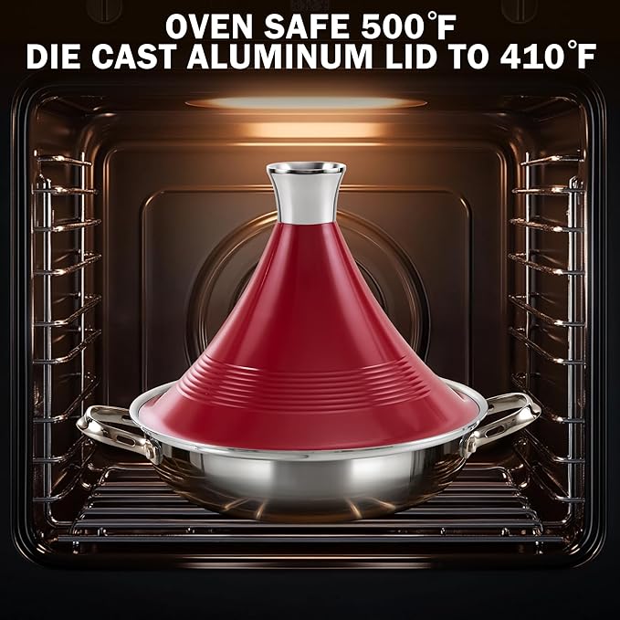 DM Tagine Pot, 11 Inch 3.6 Quart Moroccan Clay Tagine Pot Alternative, Multi-Ply Clad Stainless Steel, Traditional Cooking Pot with Die-Cast Aluminum Red Conical Lid and Stainless Steel Knob