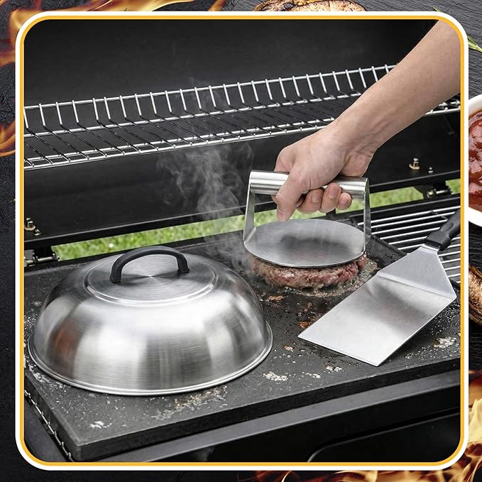 3 Pcs Smash Burger Kit 12" Cheese Melting Cover and 8.5" Burger Press with Grill Spatula Basting Cover, Stainless Steel Hamburger Turner, Melting Dome, Accessories Kit for BBQ Kitchen