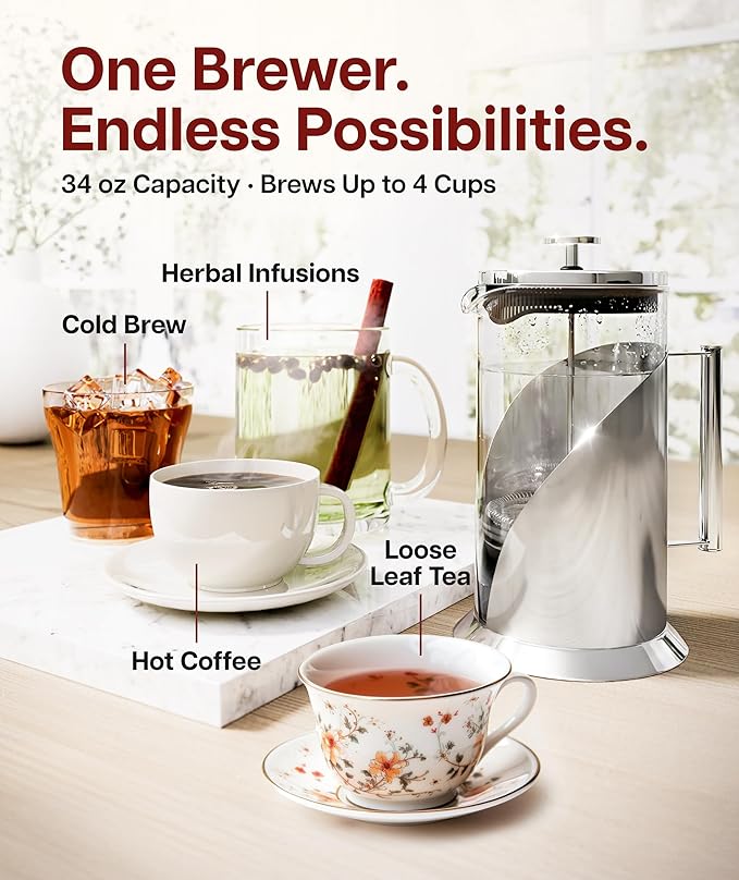 Cafe Du Chateau Stainless Steel French Press Coffee Maker 34 oz – Insulated Coffee Press with 4-Level Filtration, Manual Brewer for Tea, Camping & Travel, BPA-Free Glass (Pack of 2)