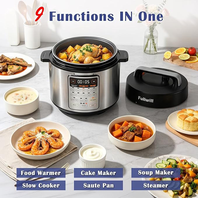 Fullwill 6QT Electric Pressure Cooker, 9-in-1 Multi-Use Programmable Pressure Cooker with Slow Cook, Rice Cook, Steamer, Sauté, Yogurt Maker, Food Warmer, Foodie Helper