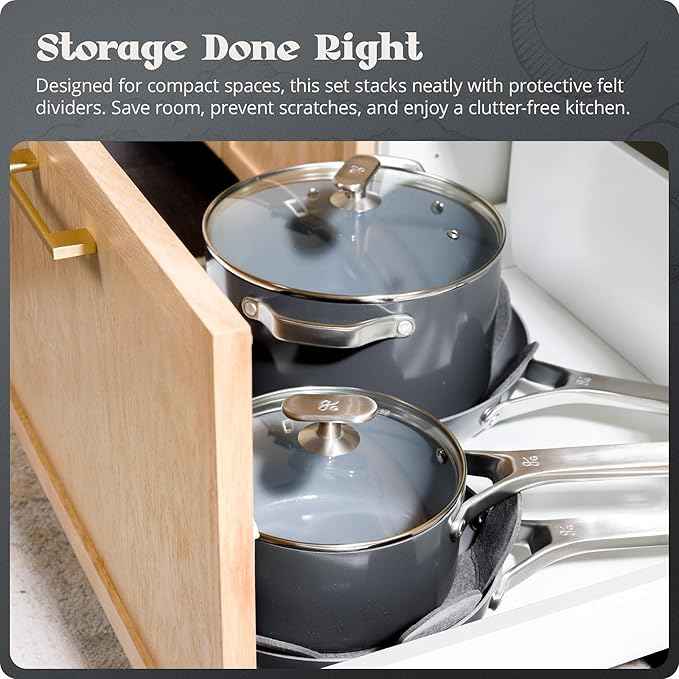 Premium Non-Toxic Ceramic Cookware Set – Triple-Layer Nonstick 12 Piece Pots and Pans with Lids, PFAS-Free, Oven Safe for Healthy Meals, Space-Saving Design, Midnight Gray Color | Greater Goods