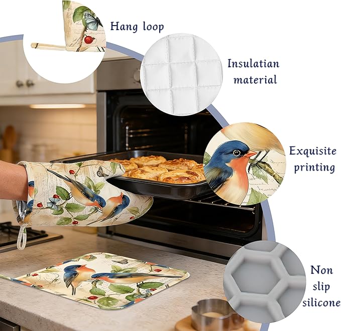 Vintage Bird Floral Potholders & Oven Mitts Sets Vermilion Bird Silicone Heat Resistant Oven Mits and Hot Pads Non-Slip Pot Holders Gloves for Kitchen Chef Cooking Baking Grilling BBQ