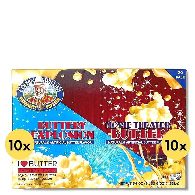 Cousin Willie's Microwave Popcorn Bags, Butter Lovers Value Pack (1 box, 20 Bags), Gourmet Popcorn Boxes for Party, Whole Grain Popcorn, Gluten Free, Low Calorie Healthy Snack, Made in USA, non-GMO