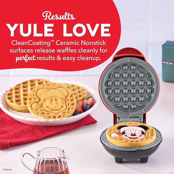Disney Dash Mickey Mouse Santa Mini Waffle Maker - Electric Waffle Maker for Creative, Homemade Treats - Features Built-In Cord Wrap & Pre-Heating Indicator Light