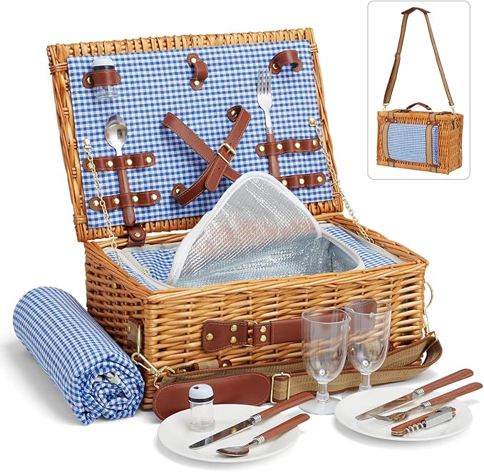 Wicker Picnic Basket Set for 2 Person with Cooler Compartment and Waterproof Picnic Blanket,Removable Strap,Cutlery Set,for Camping,Day Travel,Beach,Hiking,BBQ and Family/Couples Gifts