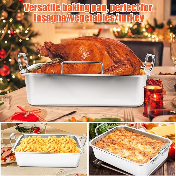 Nonstick Roasting Pan, 15 Inch Stainless Steel Turkey Pan with V-Shaped Rack &Cooling Rack - Rectangular Roaster for Turkey, Chicken, Vegetables,Healthy & Dishwasher Safe - Fits 20lb Turkey