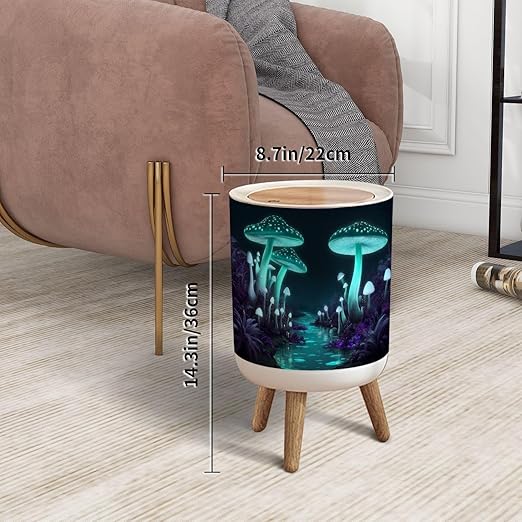 Trash Can with Lid Fantasy Dark Forest Green Glowing Mushrooms Press Top Round Small Garbage Bin with Wooden Legs Waste Basket for Kitchen Bedroom Nursery 7L/1.8 Gallon