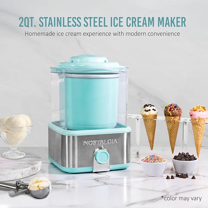 Nostalgia Electric Ice Cream Maker with 2-Qt Double Insulated Gel Canister & Stainless Steel Base - Makes Sorbet, Soft Serve, and Frozen Yogurt - Aqua