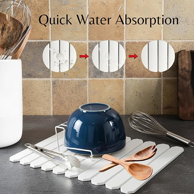 Stone Drying Mat 24″×16″ Large - Ultra Fast Absorbent Kitchen Counter & Bathroom Mat, Diatomaceous Earth Foldable Non-Slip for Dishes, Pets, Plants