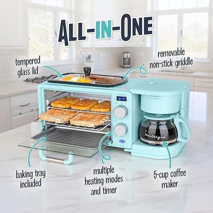 Nostalgia 3-in-1 Retro Breakfast Station - Includes 5 Cup Coffee Maker, Non-Stick Ceramic Griddle, and 4-Slice Toaster Oven - Built-In Timer, Reusable Coffee Filter, Space-Saving Design - Aqua