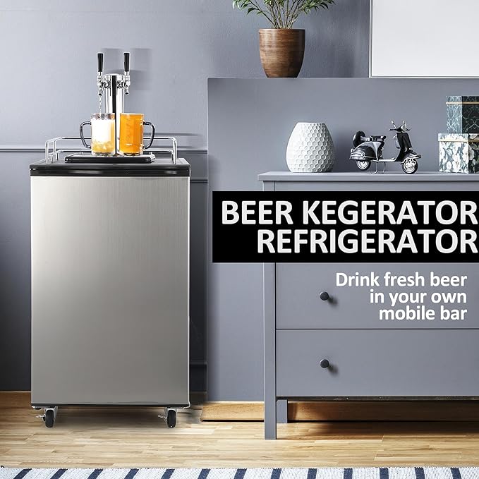 Kegerator and Keg Beer Cooler, Dual Tap Draft Beer Dispenser, Full Size Keg Refrigerator With Shelves, Stainless Steel, Drip Tray & Rail，silver