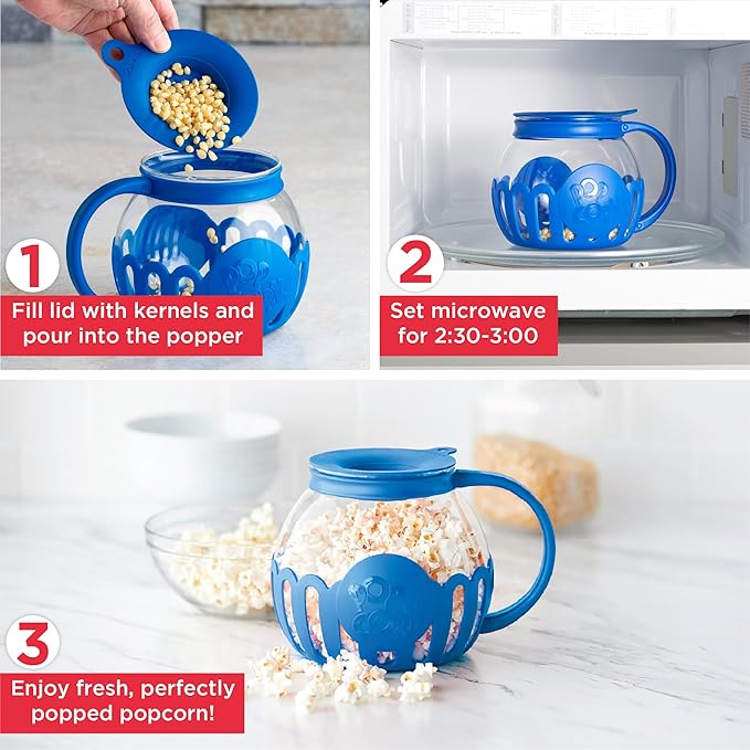 Ecolution Patented Micro-Pop Microwave Popcorn Popper with Temperature Safe Glass,3-in-1 Lid Measures Kernels and Melts Butter,Made Without BPA,Dishwasher Safe,1.5-Quart,Blue,(Pack of 4)