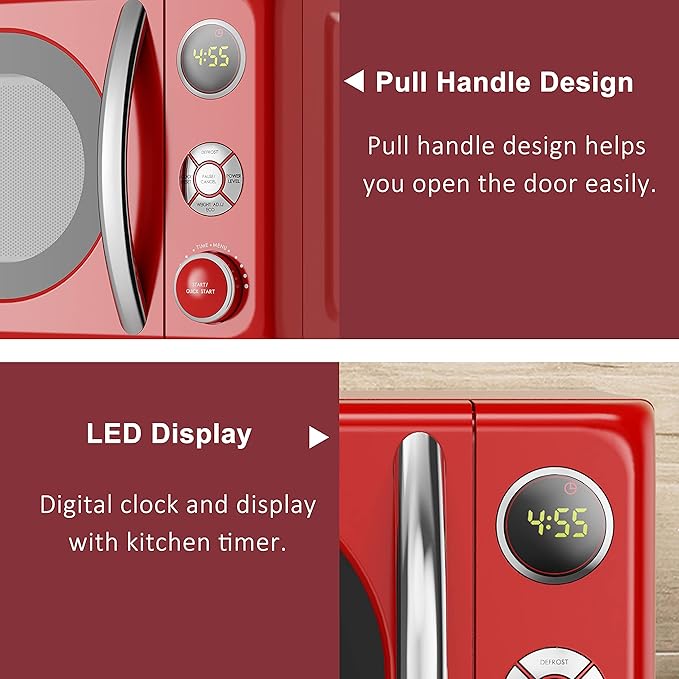 Galanz GLCMKA07RDR-07 Microwave Oven, LED Lighting, Pull Handle Design, Child Lock,Retro Red, 0.7 Cu.Ft