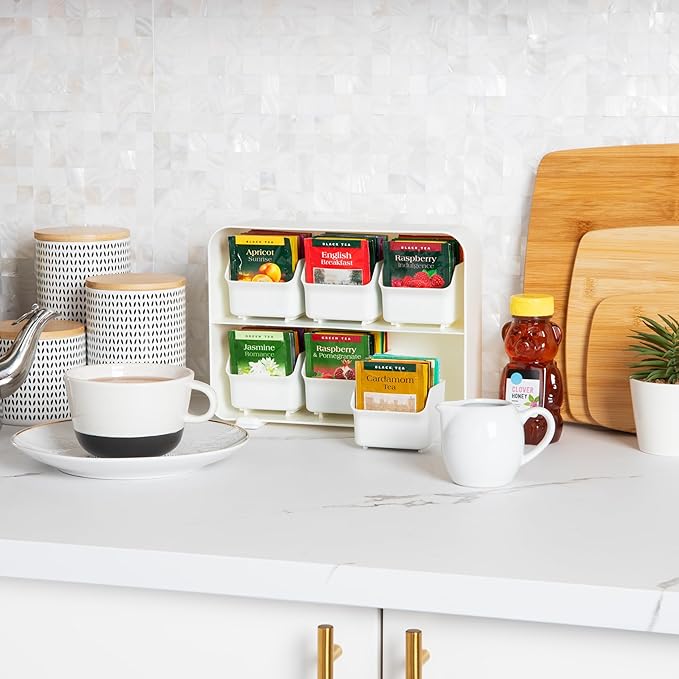 Mind Reader Tea Bag Organizer, Tea Station Organizer, Countertop Storage, Kitchen, Plastic, 10.25"L x 3.25"W x 7.75"H, White