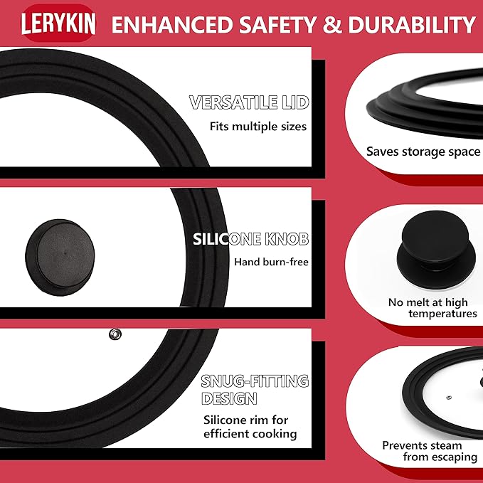 Lerykin Tempered Glass Lid - Universal Lid with Heat Resistant Silicone Rim for Pots, Pans and Skillets - Pan Cover Replacement Lid Fits 8", 8.5" and 9.5" Diameter Cookware