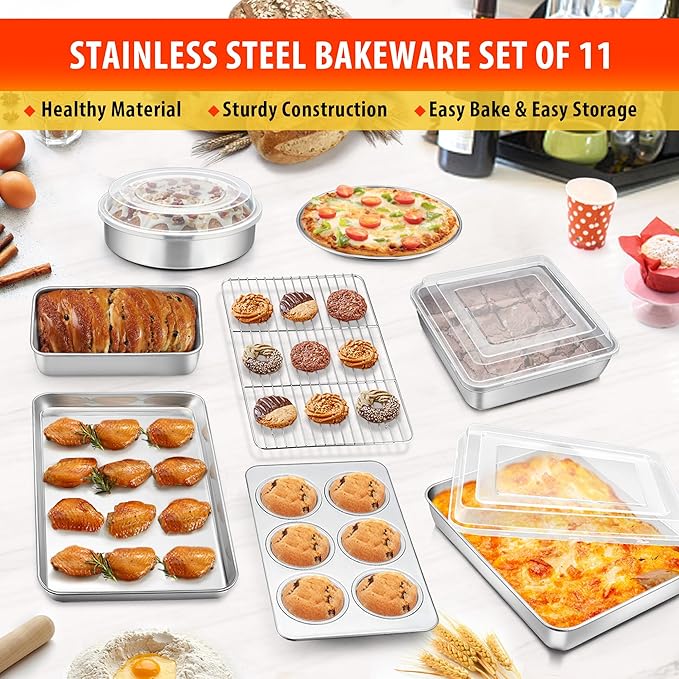 TeamFar Bakeware, Stainless Steel Bakeware Set with Baking Sheet and Rack, Lasagna Pan with Lid, Square & Round Cake Pan with Lid, Muffin Pan & Loaf Pan, Pizza Pan, Healthy & Dishwasher Safe