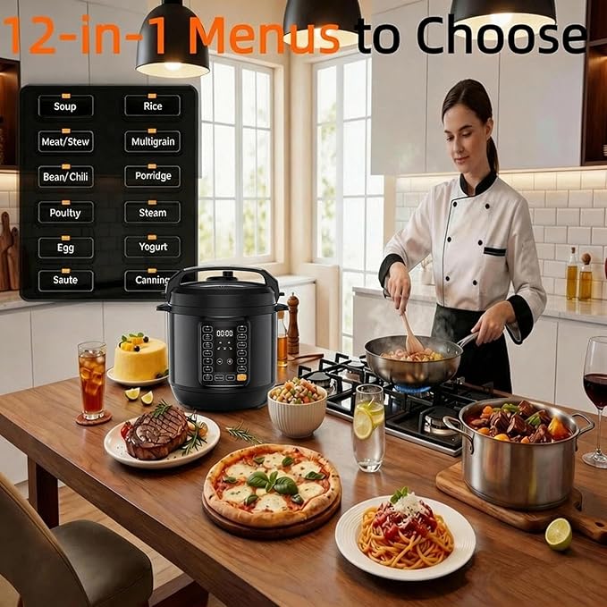 Simple Deluxe 6QT Electric Pressure Cooker, 16-in-1 & Non-Stick Stainless Steel Multi Cooker with 12 Presets for Slow Cook, Meat Stew, Steam, Sauté, Canning, Yogurt Maker, Dishwasher Safe, Black