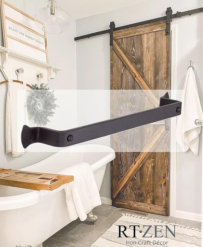 RTZEN Matte Black Hand Towel Holder for Bathroom - Handcrafted Farmhouse Wrought Iron Metal Kitchen Bar - Small Hand Towel Bar Hanger for Home or Office - Wall Mounted Rack Fits 10" Towels