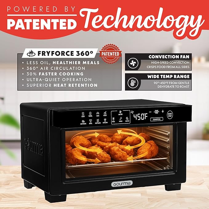 Gourmia Toaster Oven Digital Air Fryer - Convection Mode with 4 Slice Capacity, 3 Rack Positions, 12 Presets, Toast, Bagel, Bake, Roast, Broil, Dehydrate, Popcorn, Fits 9" Pizza, Black