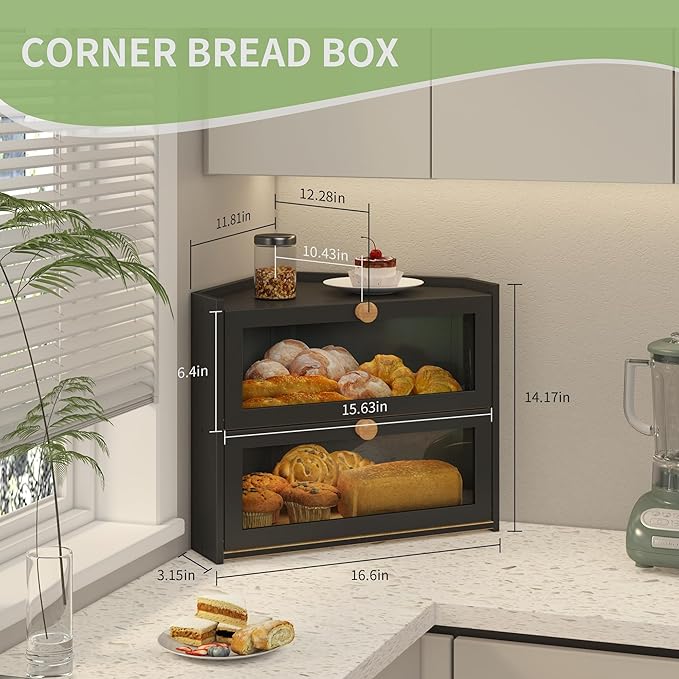 JANSNIMEN Black Corner Bread Box for Kitchen Countertop, Large Bread Container Storage Bamboo Wooden Farmhouse Bread Box with Window Bread Holder
