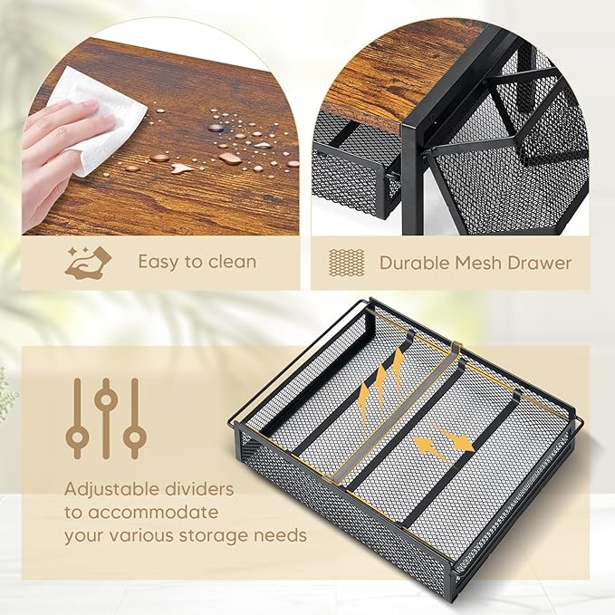 DGWJSU Tea Bag Organizer, Wood Tea Organizer and Storage Cheast, Tea Bag Holder with Storage Drawer, 4 Hooks for Tea Cups Holder, Tea Station Chest Display Container Box for Countertop Kitchen