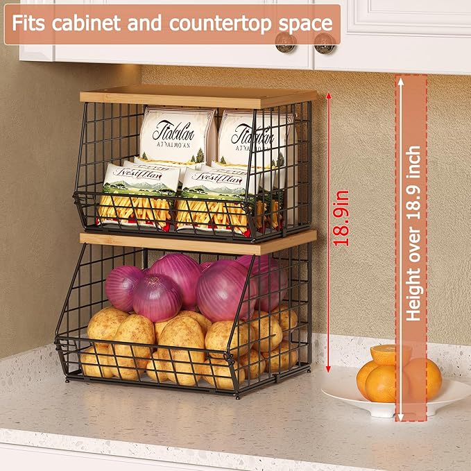2 Set Stackable Wire Basket with Wooden Tops & Pad for kitchen organizers and storage, XXL Kitchen Counter Organizer for Fruit, Vegetable, Bread, Potato and Onion Storage Bin