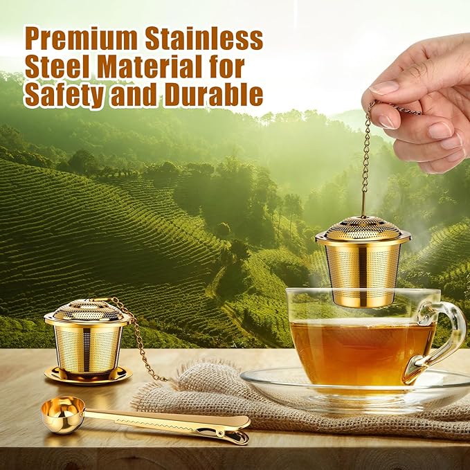 Umigy 4 Pcs Tea Infuser Strainers for Loose Tea with Scoop, Extra Fine Mesh Steeper 304 Stainless Steel Diffuser Leaf Holder with Extended Chain Hook for Brew, Spices, Seasoning, Gold