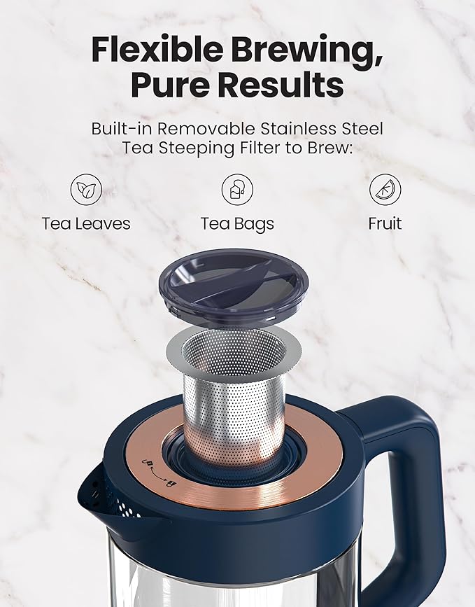 Vianté Electric Kettle With Infuser. No Plastic In Contact With Water. Hot Tea Maker With Temperature Control And Automatic Shut Off. 1.5 Liters Capacity | Midnight Blue Color