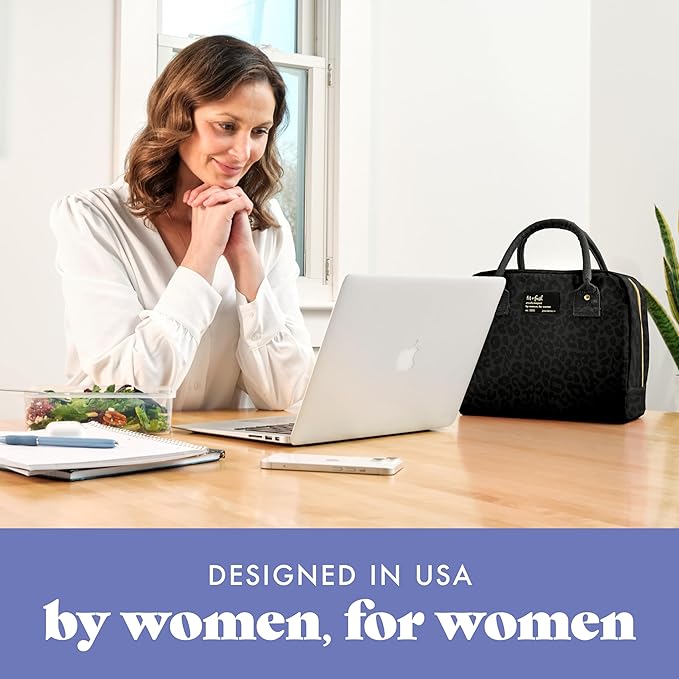 Fit & Fresh Bloomington Lunch Bag for Women - Insulated Large Lunch Box for Work with Containers, Leak-Resistant, Stain-Resistant, Zipper Closure, Black Feline Fine