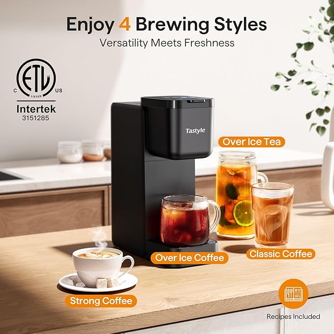 Tastyle Single Serve Coffee Maker for K Cup, Ground and Tea Leaves, Hot and Iced Coffee Machines with Bold Setting, 6 to 16 Oz Brew Sizes, Compact for Small Spaces, Black (2.0 Version)