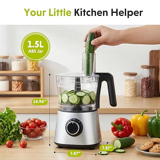 Simple Deluxe Food Processor Blender Combo, 300W Multifunctional Electric Kitchen Tool with 1.5L Glass Jar & 6-Cup Chopper, Ideal for Slicing Dough Meat Puree, 2 Adjustable Speeds & Safety Lock, Black