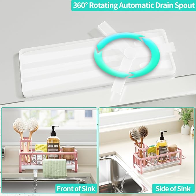 HapiRm Sponge Holder for Kitchen Sink - Self-draining Sink Caddy with Brush and Dishcloth Holders, Stainless Steel Kitchen Organizer for Countertop - Pink