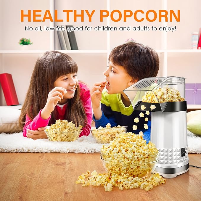 Quick & Easy 4.5Qt Oil-Free Hot Air Popcorn Machine - ETL Certified with Butter Melter, Measuring Cup & On/Off Switch for Movie Nights & Parties(White)