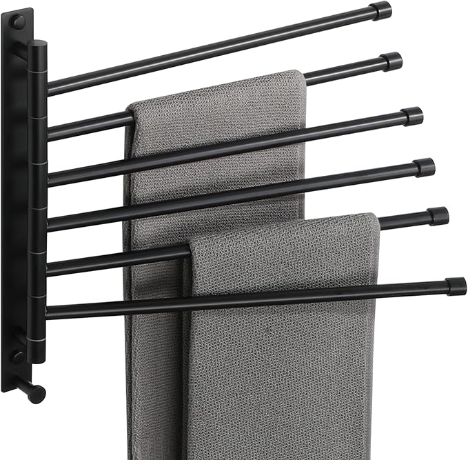 Alise Swivel Towel Rack, SUS304 Stainless Steel 6 Arms Towel Bar, Space Saving Swing Out Towel Bar with Hook, Towel Racks Wall Mounted for Bathroom, Matte Black
