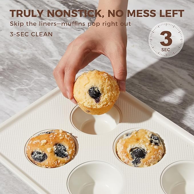 HONGBAKE Nonstick Ceramic Muffin Pan, 6 Cup Muffin tin for Baking, Non-toxic Cupcake Pan, Heavy-duty Aluminized Steel Cupcake Tray with Diamond Texture, Easy To Clean, Cream