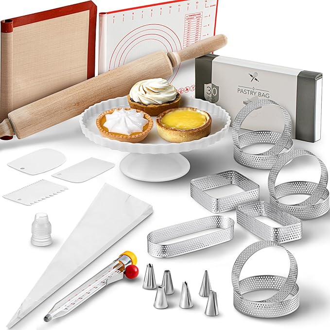 Teenyyou French Tart Baking Kit for Adults, Parisian Cooking Tools for Pastry Dessert, Christmas Baking Gifts for Women Men Beginners, Perforated Tart Rings Mat Pastry Making Kitchen Cooking Supplies