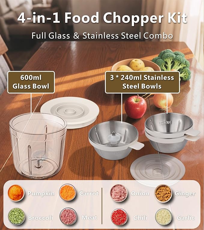 4-in-1 Small Food Processor Cordless Set with 600ml Glass Bowl, 3*240ml Stainless Steel Bowls & 3+4 Blades, USB-C Rechargeable Battery Mini Meat Vegetable Chopper, Electric Kitchen Blender, Mom's Gift