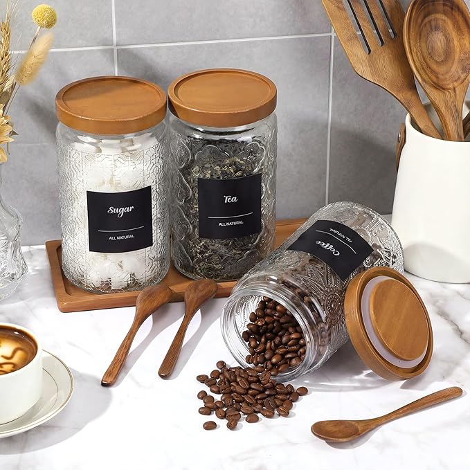 3 Pack 34 oz Glass Coffee Container with Wooden Tray Lid Spoon Labels Clear Airtight Glass Jar Food Storage Kitchen Canisters Set Decorative Coffee Bar Containers for Sugar Candy Tea Flour