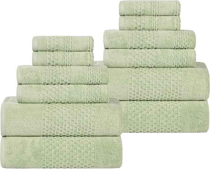 Superior Playa Zero Twist Cotton Medium Weight Towels, for Guest Bath, Bathroom, Shower, Spa, Plush, Quick Dry, Ultra-Soft Towels, Bath Essentials, Waffle Textured, 12 Piece Assorted Towel Set, Green