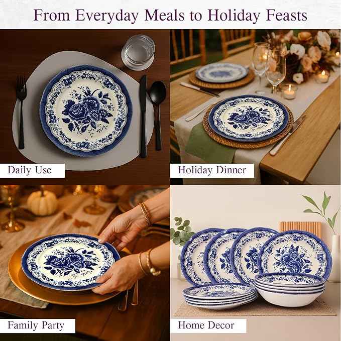 Tudor Royal 12-Piece Porcelain Round Dinnerware Set, Service for 4, Victoria Blue Design, Blue Floral, Plates Bowls Dishes, Glossy, Premium Quality Tableware, Unique Pattern
