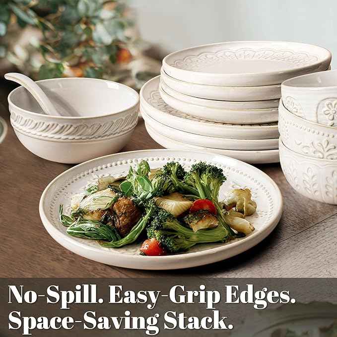 Artena Plates And Bowls Sets, 16 Pieces Dinnerware Sets, Dish Set For 4, Ceramic Kitchen Bowl And Plate Set, Embossed White Dishware Sets, Dishwasher & Microwave Safe (Multiple Patterns)
