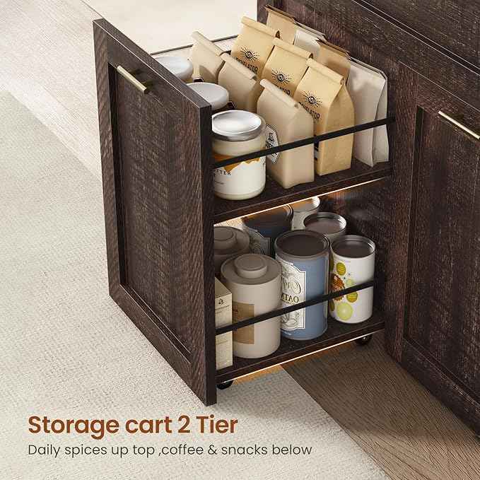 Itaar 71" Arched Kitchen Pantry Cabinet, Kitchen Storage Cabinets with 1 Large Drawer & Storage Cart 2 Tier & Door Shelves for Living Room, Dining Room, Brown