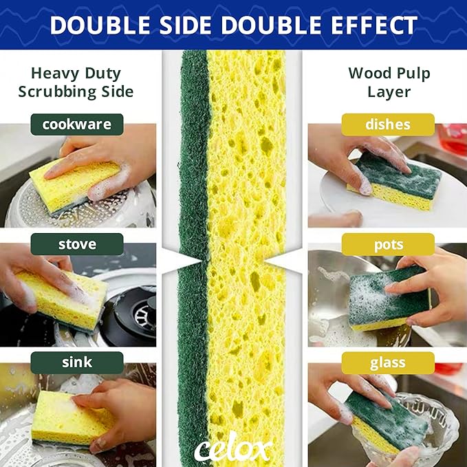 CELOX 24 Pack Dish Sponge for Kitchen, Dish Brush with Soap Dispenser for Cleaning Pots, Dishes, Bowls, Gray