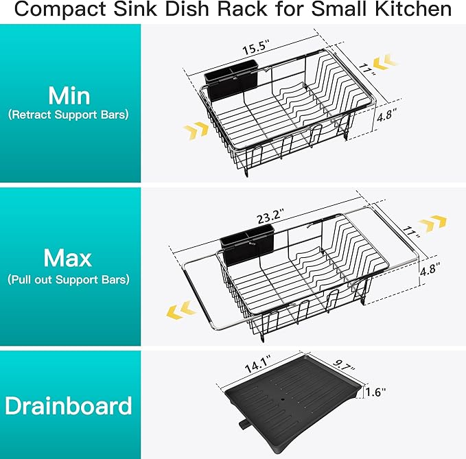 JASIWAY Dish Drying Rack in Sink, Expandable Stainless Steel Dish Drainers for Kitchen Counter, Space Saving Dish Dryer Rack with Drainboard, Over The Sink Dish Racks with Utensil Holder, Black